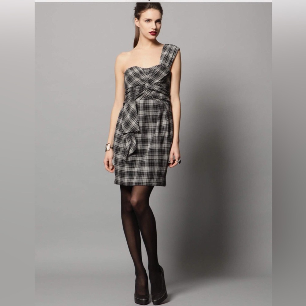 Nanette Lepore One Shoulder Bustier woven Cotton Blend plaid Mini Dress sz.0
